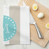 Beige White Stripes Pattern, Blauwgroen Monogram Theedoek (Quarter Fold)