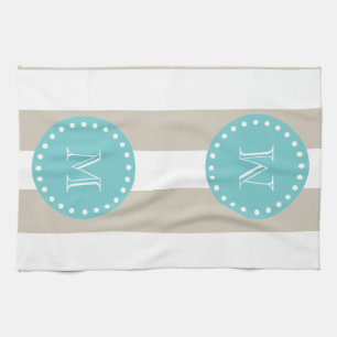 Beige White Stripes Pattern, Blauwgroen Monogram Theedoek