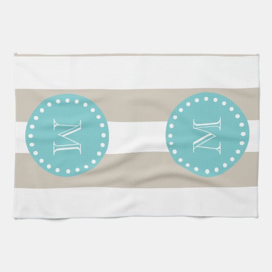 Beige White Stripes Pattern, Blauwgroen Monogram Theedoek (Horizontaal)