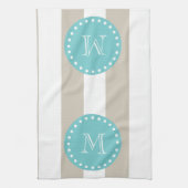 Beige White Stripes Pattern, Blauwgroen Monogram Theedoek (Verticaal)