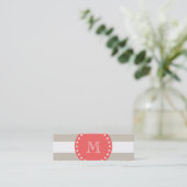 Beige White Stripes Pattern Coral Monogram Mini Visitekaartje (Staand voorkant)