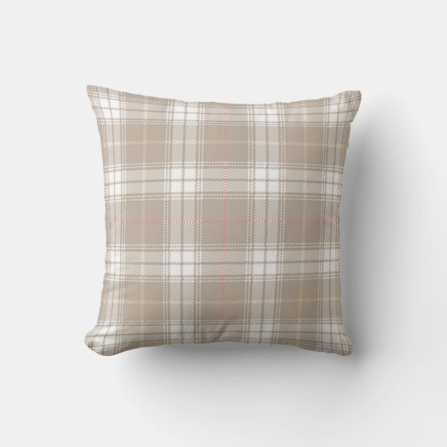 Beige White Tartan Patroon Rustisch Kussen (Voorkant)