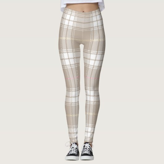 Beige White Tartan Patroon Rustisch Leggings (Voorkant)