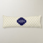 Beige Wht Moroccan #5 Navy Blue 3 Initiaal Monogra Lichaamskussen (Voorkant)