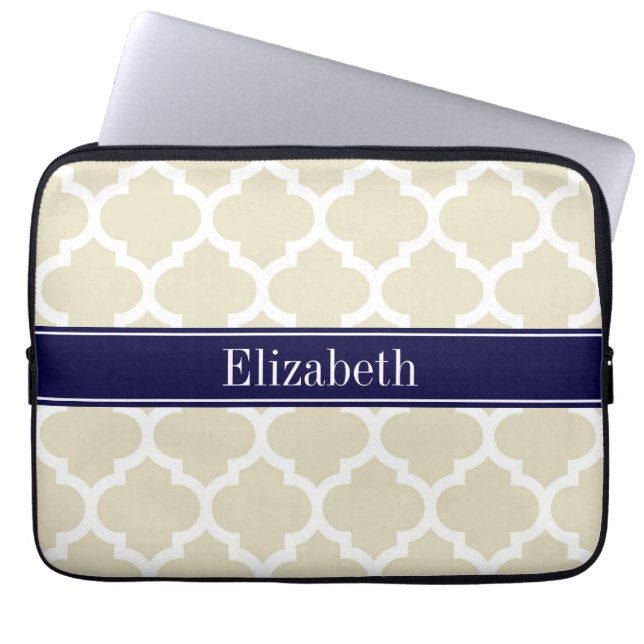 Beige Wht Moroccan #5 Navy Blue Name Monogram Laptop Sleeve (Voorkant)