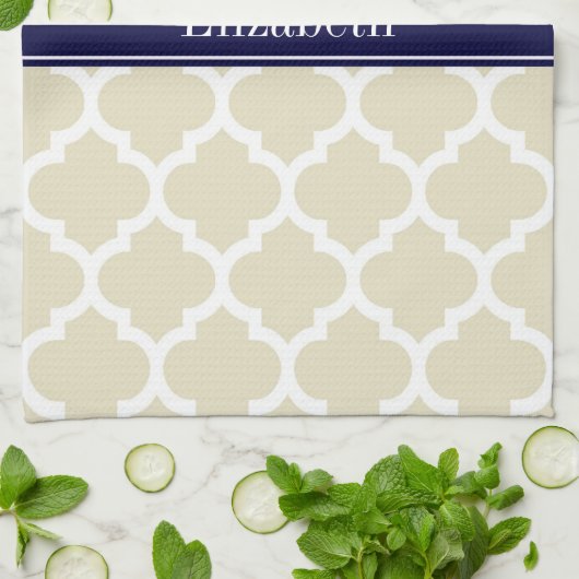 Beige Wht Moroccan #5 Navy Blue Name Monogram Theedoek (Gevouwen)