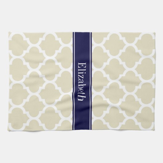 Beige Wht Moroccan #5 Navy Blue Name Monogram Theedoek (Horizontaal)