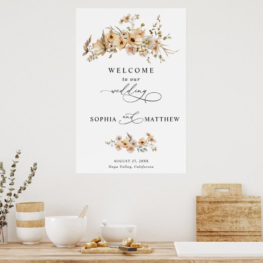 Beige Wild Flowers Wedding Poster (Keuken)