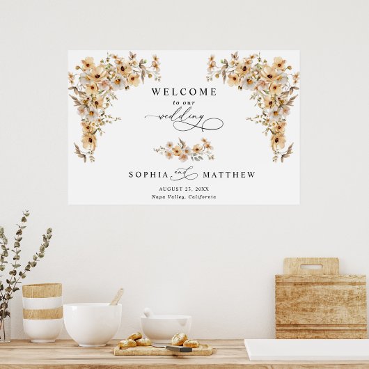 Beige Wild Flowers Welcome Wedding Poster (Keuken)