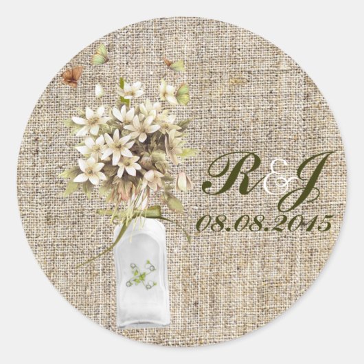 beige wilde bloem bohemiene burlap bruiloft ronde sticker (Voorkant)
