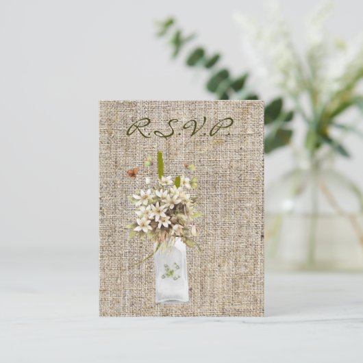 beige wilde bloem bohemiene burlap bruiloft uitnodiging briefkaart (Staand voorkant)