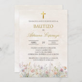 Beige Wilde bloem Spaanse doop Uitnodiging (Voorkant / Achterkant)