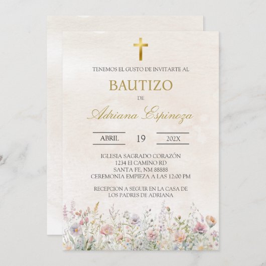 Beige Wilde bloem Spaanse doop Uitnodiging (Voorkant / Achterkant)