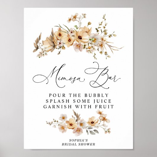 Beige Wilde Bloemen Bruidsfeest Mimosa Bar Poster (Voorkant)