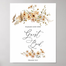 Beige Wilde Bloemen Bruiloft Feest Gastboek   Poster