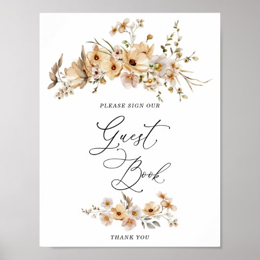 Beige Wilde Bloemen Bruiloft Feest Gastboek Poster (Voorkant)