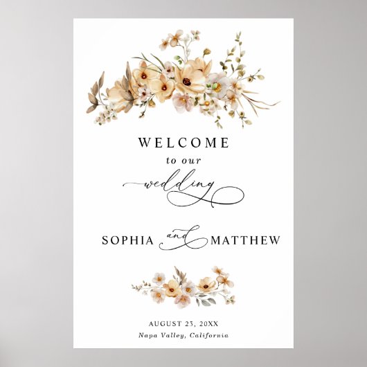 Beige Wilde Bloemen Bruiloft Poster (Voorkant)