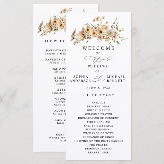 Beige Wilde Bloemen Bruiloft Programmakaart (Voorkant / Achterkant)