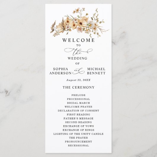Beige Wilde Bloemen Bruiloft Programmakaart (Voorkant)