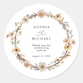 Beige Wilde Bloemen Bruiloft Ronde Sticker