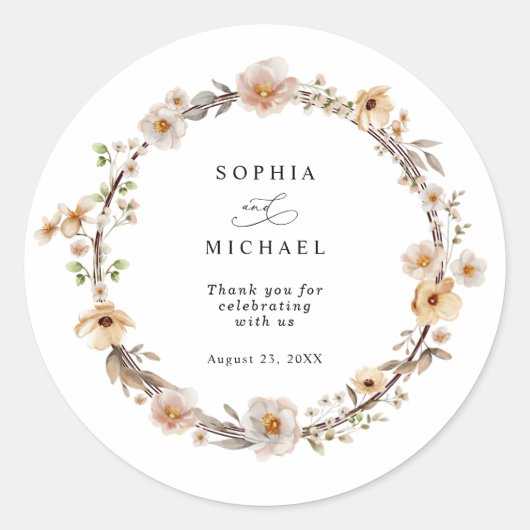 Beige Wilde Bloemen Bruiloft Ronde Sticker (Voorkant)