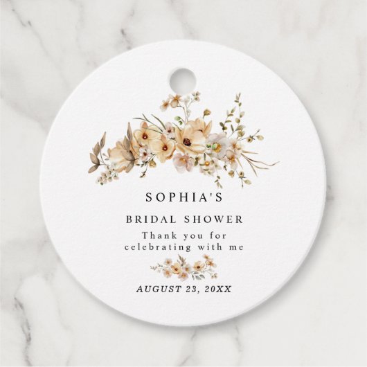 Beige Wilde Bloemen Bruiloftsfeest Bedankjes Labels (Voorkant)