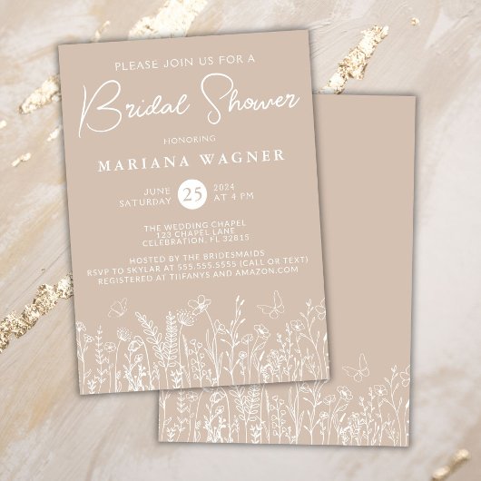 Beige wilde bloemen bruiloftsuitnodiging kaart