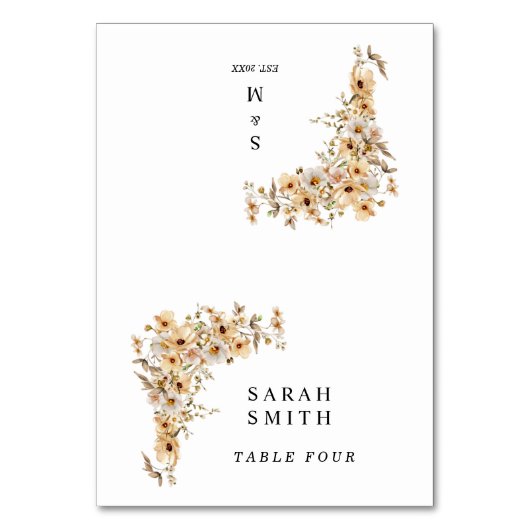 Beige Wilde Bloemen Huwelijk Tafel Plaatskenmerk Kaart (Voorkant)