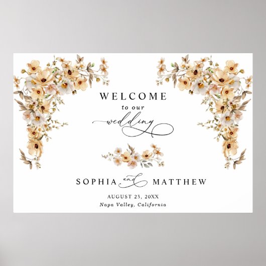 Beige Wilde Bloemen Welkom Bruiloft Poster (Voorkant)