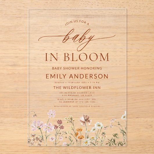 Beige Wildflower Baby in Bloom Baby Shower Acryl Uitnodigingen (Voorkant)
