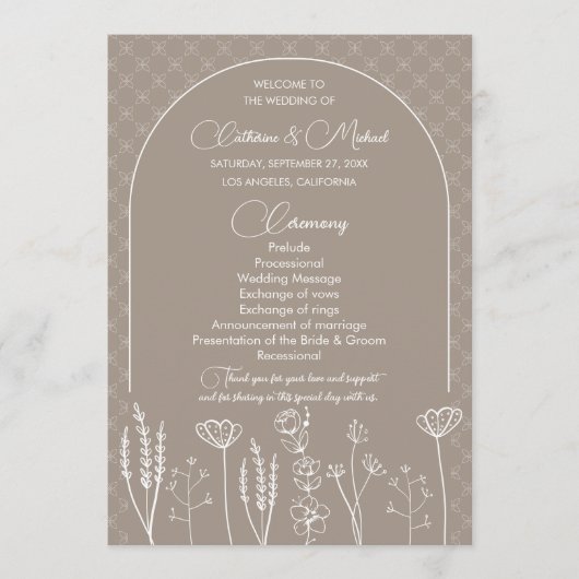 Beige Wildflower Bohemian Arch Wedding Programmakaart (Voorkant)
