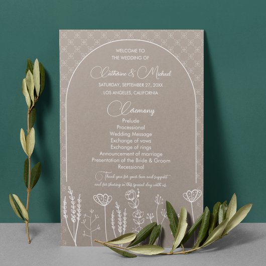 Beige Wildflower Bohemian Arch Wedding Programmakaart