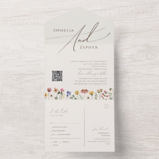 Beige Wildflower | Casual QR-codenummer en verzend All In One Uitnodiging (Binnen)
