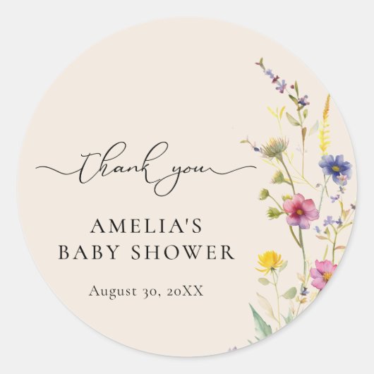 Beige Wildflower Floral Baby shower Dank u Ronde Sticker (Voorkant)