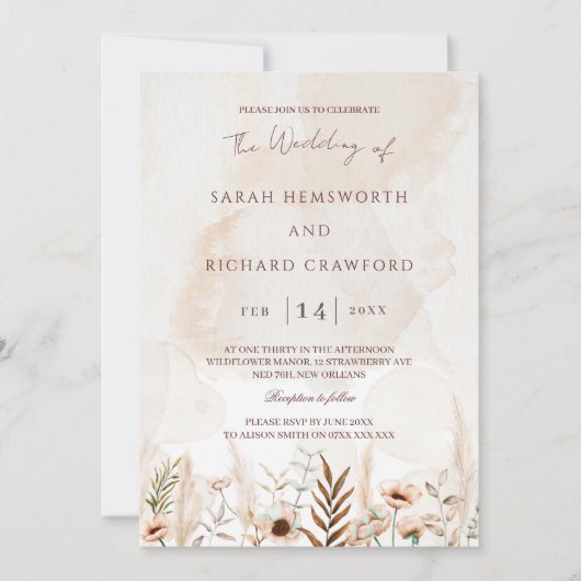Beige Wildflower Floral Garden Boho Wedding Kaart (Voorkant)
