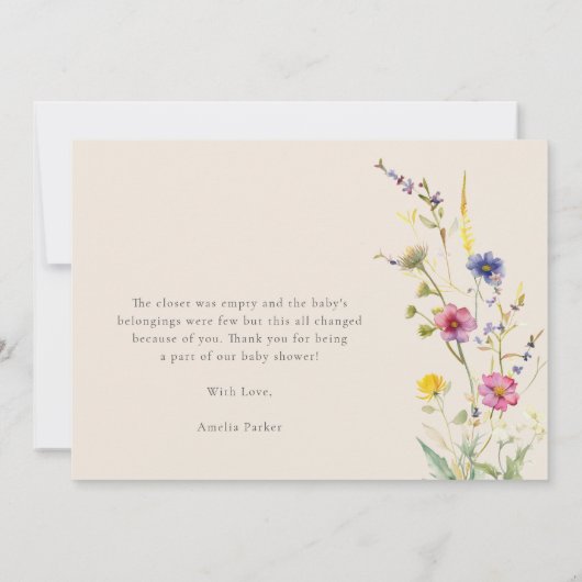 Beige Wildflower Spring Floral Baby shower Bedankkaart (Achterkant)