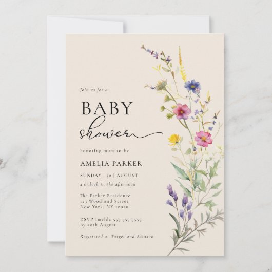Beige Wildflower Spring Floral Baby shower Kaart (Voorkant)