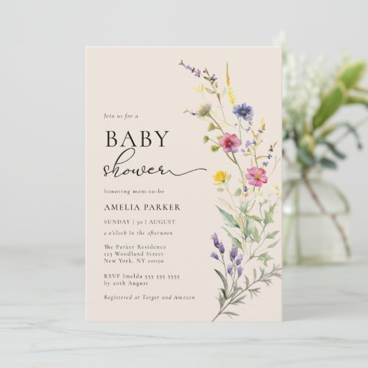 Beige Wildflower Spring Floral Baby shower Kaart (Staand voorkant)