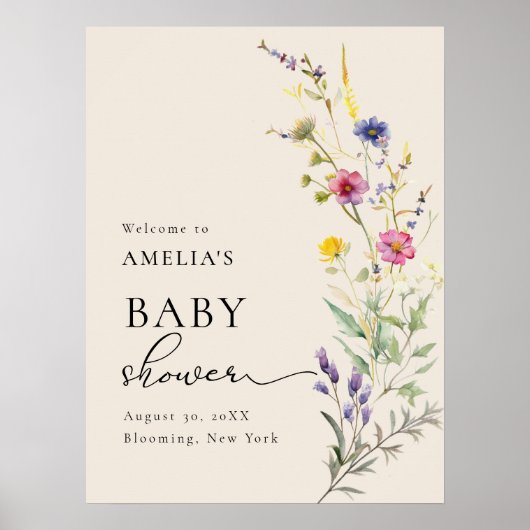 Beige Wildflower Spring Floral Baby shower Welkom Poster (Voorkant)