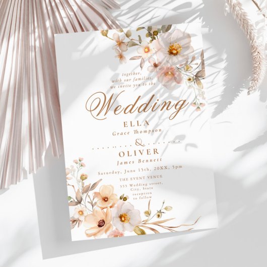 Beige Wildflowers Neutraal Boho Elegant Huwelijk Kaart