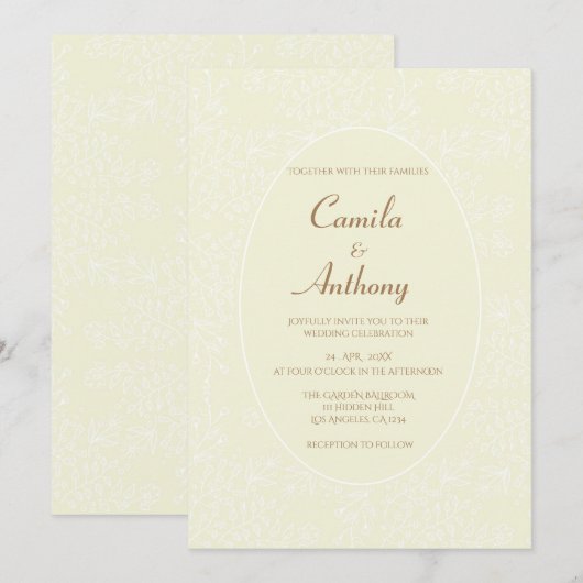 Beige wit bloemenpatroon ovale grens bruiloft kaart (Voorkant / Achterkant)