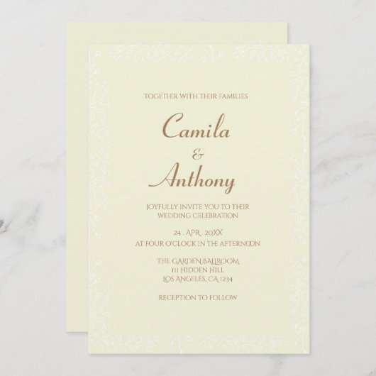 Beige wit bloemenpatroon print grens bruiloft kaart (Voorkant / Achterkant)