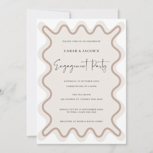 Beige Wit Grens Verlovingsfeest Uitnodiging (Voorkant)