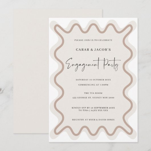 Beige Wit Grens Verlovingsfeest Uitnodiging (Voorkant / Achterkant)