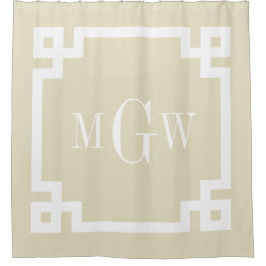 Beige Wit Grieks Sleutel #2 Ingelijste 3I Monogram Douchegordijn