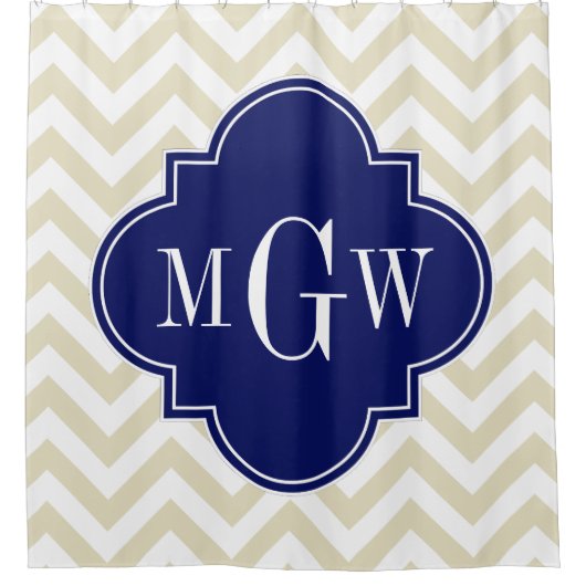 Beige Wit LG Chevron Navy 3IH Monogram Douchegordijn (Voorkant)