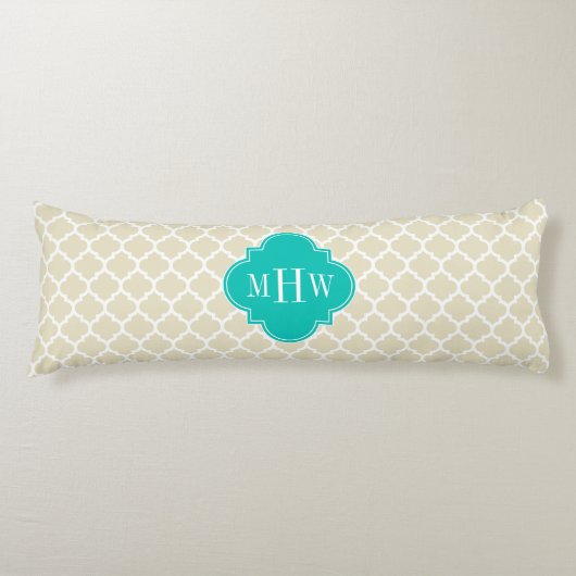 Beige Wit Marokkaans #5 Teal 3 Initiaal Monogram Lichaamskussen (Voorkant)