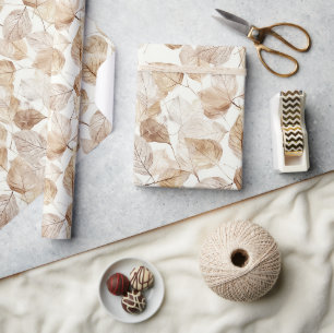 Beige Witte Bladeren Cadeaupapier