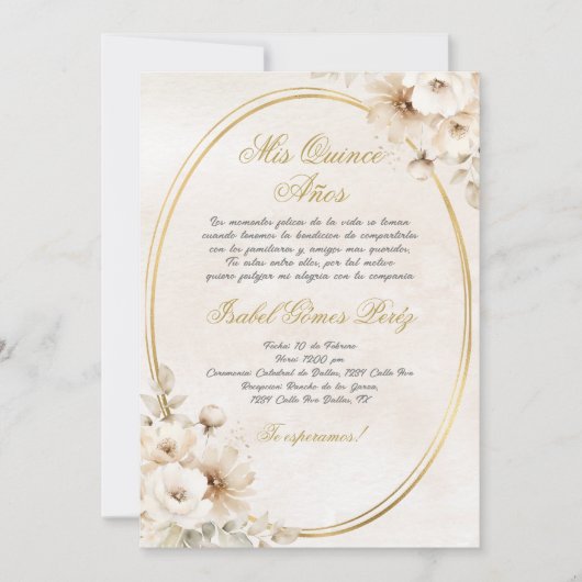 Beige Witte bloem Spaanse Quinceanera Kaart (Voorkant)