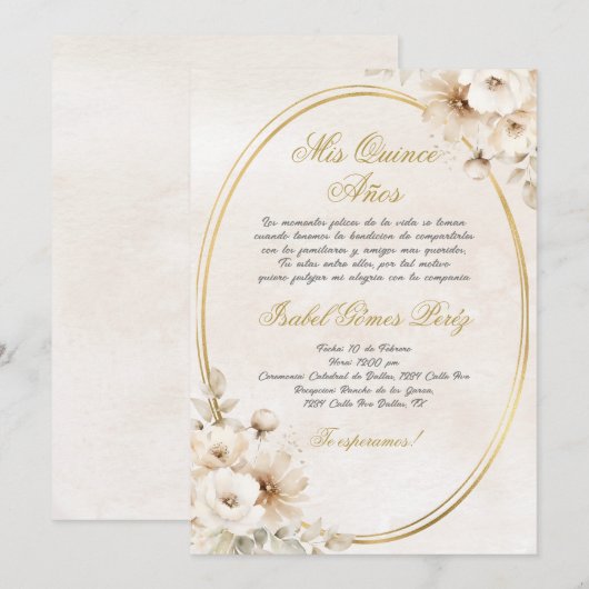 Beige Witte bloem Spaanse Quinceanera Kaart (Voorkant / Achterkant)